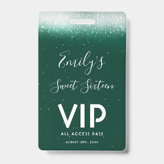 Glam Emerald Sweet 16 Einladung VIP Pass Abzeichen Ausweis