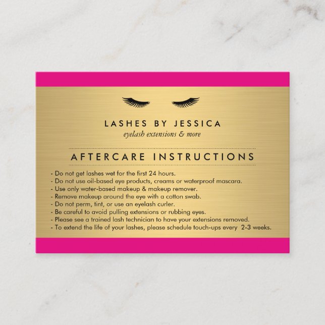Glam Eyelashes Pink und Gold Aftercare Card Visitenkarte (Vorderseite)