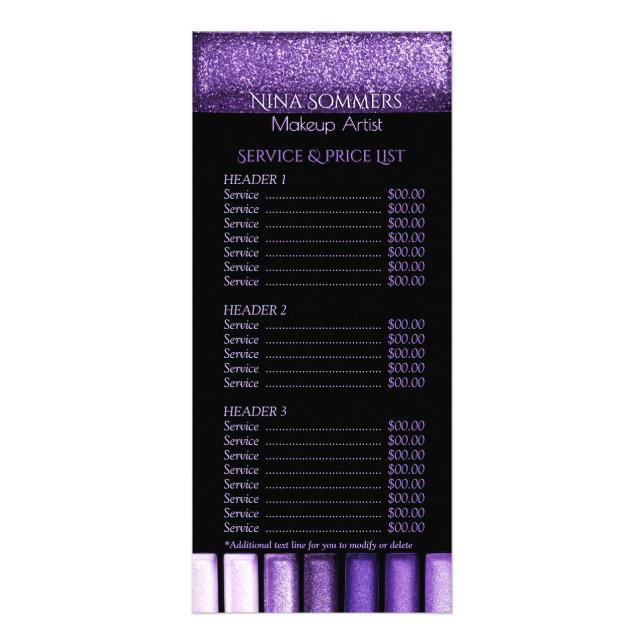 Glam Eyeshadow Price List Service Menu Rack Card Werbekarte (Vorne)