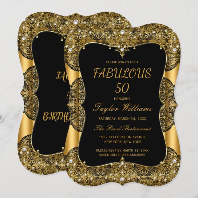 Glam Fabulous 50 Party Black Lace Pearl Gold Einladung (Vorne/Hinten)