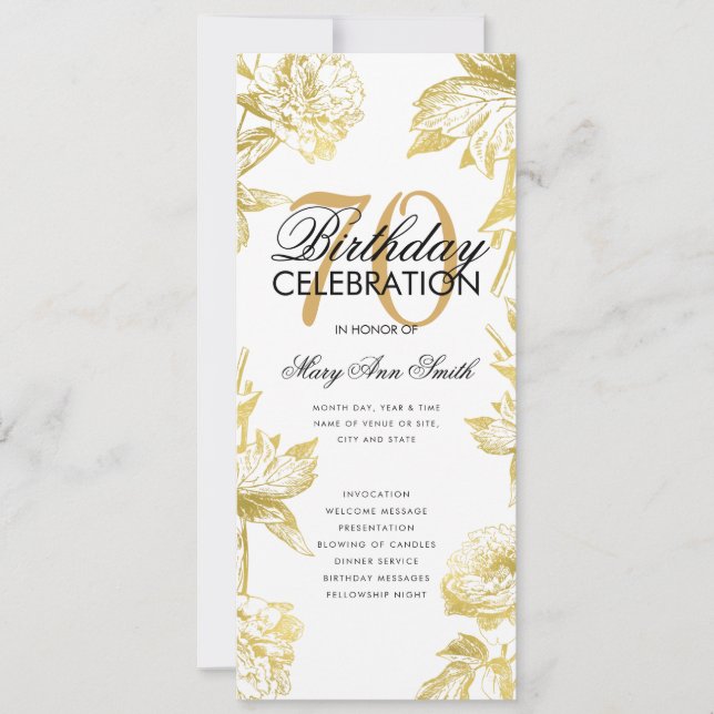 Glam Floral 70. Geburtstag Programm Gold Menü (Vorderseite)