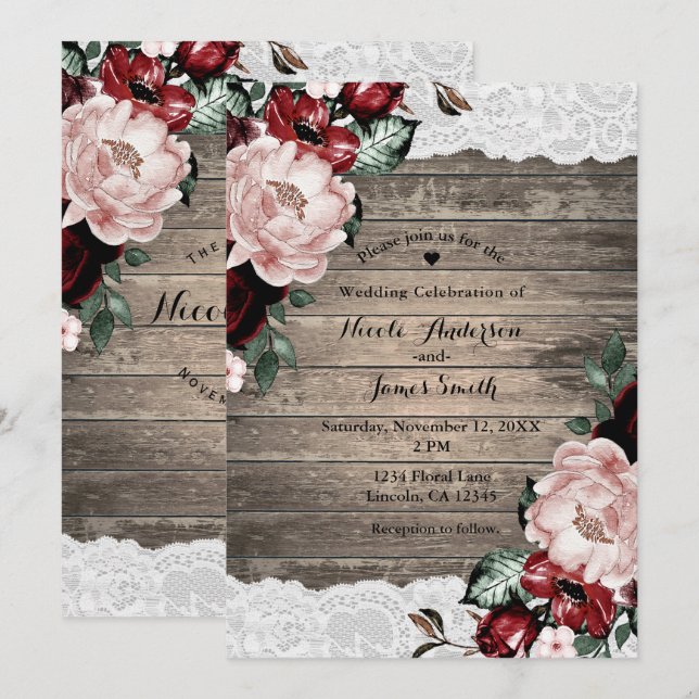 Glam Floral Rustic Wood Lace Barn Country Wedding Einladung (Vorne/Hinten)
