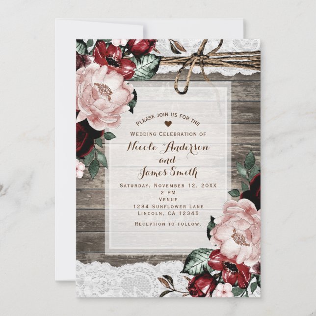 Glam Floral Rustic Wood & Lace Barn Hochzeit Einladung (Vorderseite)