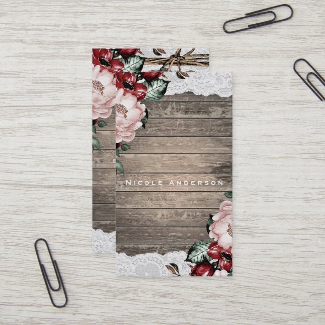 Glam Floral Rustikales Holz & Spitzen Elegantes La Visitenkarte (Vorderseite/Rückseite Beispiel)