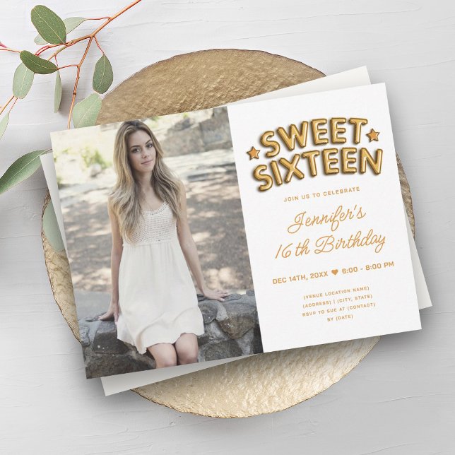 Glam Foto Gold Weißballons Süß 16 Einladung (Glam Photo Gold White Balloons Sweet 16 Invitation)