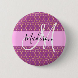 Glam Fuchsia Metallic Pink Honeycomb Monogram Name Button