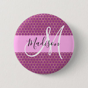 Glam Fuchsia Metallic Pink Honeycomb Monogram Name Button