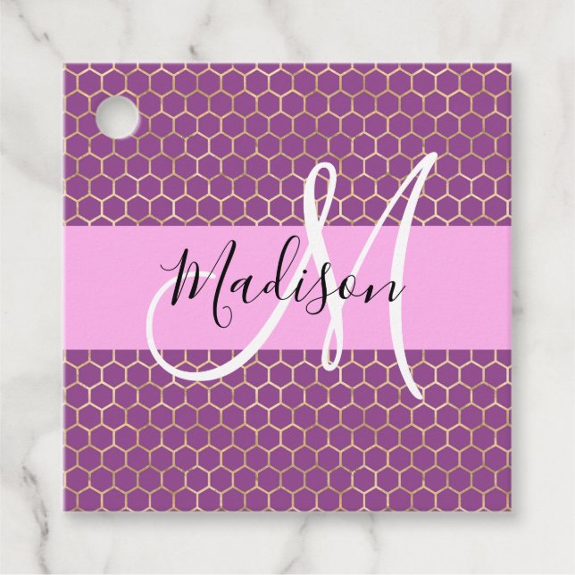 Glam Fuchsia Metallic Pink Honeycomb Monogram Name Geschenkanhänger (Vorderseite)