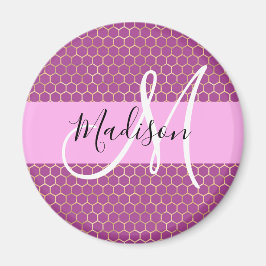 Glam Fuchsia Metallic Pink Honeycomb Monogram Name Magnet