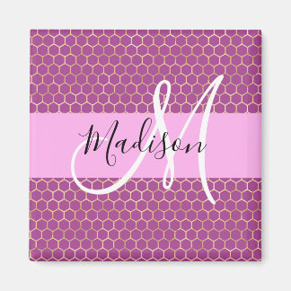Glam Fuchsia Metallic Pink Honeycomb Monogram Name Magnet