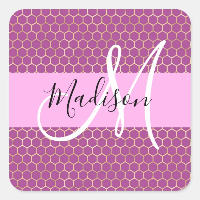 Glam Fuchsia Metallic Pink Honeycomb Monogram Name Quadratischer Aufkleber (Vorderseite)