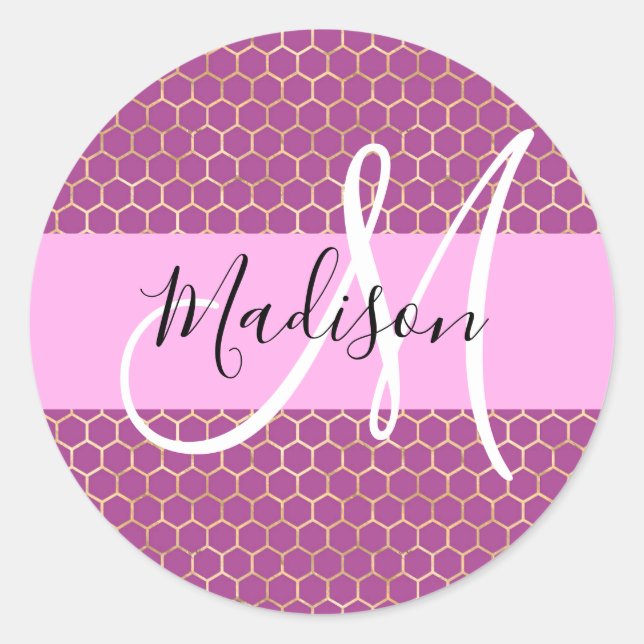 Glam Fuchsia Metallic Pink Honeycomb Monogram Name Runder Aufkleber (Vorderseite)