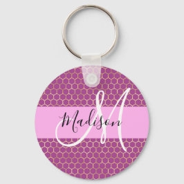 Glam Fuchsia Metallic Pink Honeycomb Monogram Name Schlüsselanhänger