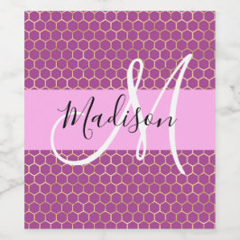 Glam Fuchsia Metallic Pink Honeycomb Monogram Name Weinetikett