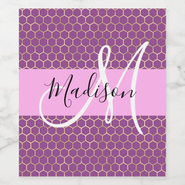 Glam Fuchsia Metallic Pink Honeycomb Monogram Name Weinetikett (Einzelnes Label)