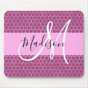 Glam Fuchsia Metallic Rosa Waben-Monogramm-Name Mousepad