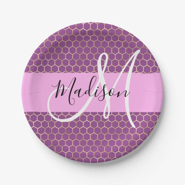 Glam Fuchsia Metallisch Rosa Honigwaben Monogramm  Pappteller (Vorderseite)