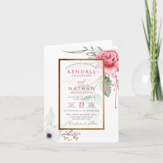 Glam Fuchsia Wasserfarben Rose Frühlingshochzeit Einladung (Vorderseite)