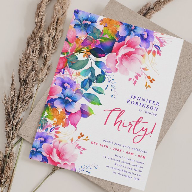 Glam Garden Aquarell Floral 30. Geburtstag Einladung (Glam Garden Watercolor Floral 30th Birthday Invitation)