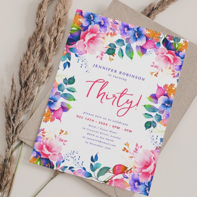 Glam Garden Aquarell Floral 30. Geburtstag Einladung (Glam Garden Watercolor Floral 30th Birthday Invitation)