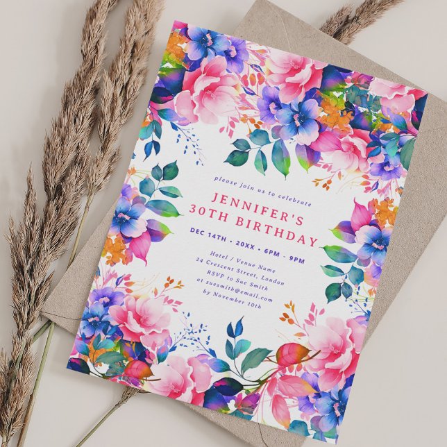 Glam Garden Aquarell Floral 30. Geburtstag Einladung (Glam Garden Watercolor Floral 30th Birthday Invitation)