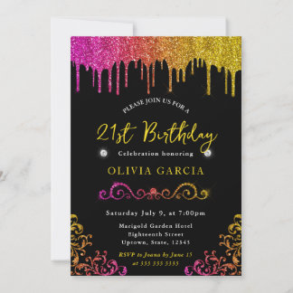 Glam Gelb und Rosa Glitzer 21. Geburtstag Einladung