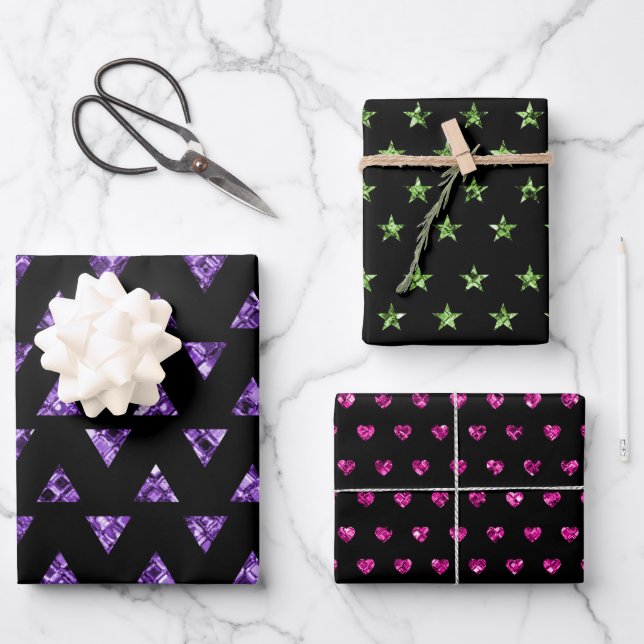 Glam Gems Pink Hearts Grüne Sterne Lila Dreiecke Geschenkpapier Set (Vorderseite)