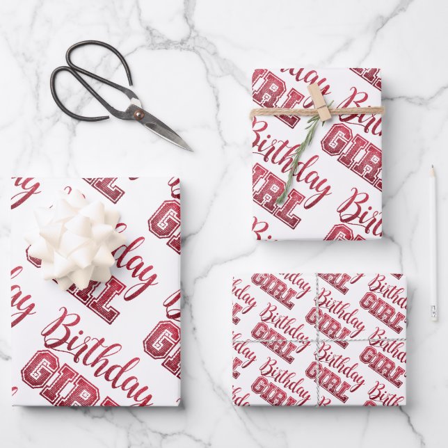 Glam Girly Birthday Girl Zitat Roter Glitzer Geschenkpapier Set (Vorderseite)