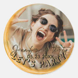 Glam Girly Foto Script 20 30 40. Geburtstagsparty Runder Aufkleber