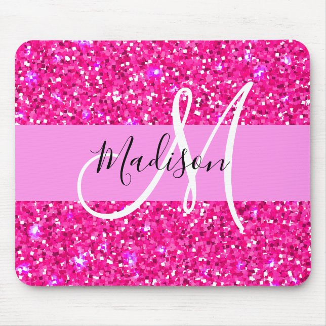 Glam Girly Hot Pink Glitzer Glitzern Name Monogram Mousepad (Vorne)