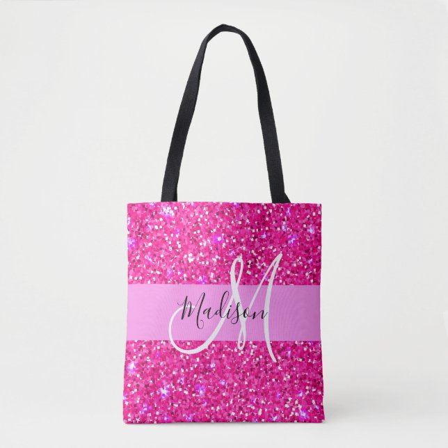 Glam Girly Hot Pink Glitzer Glitzern Name Monogram Tasche (Vorderseite)