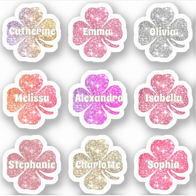 Glam Girly Pink Glitzer Lucky Clover Names Pack Aufkleber (Vorderseite)