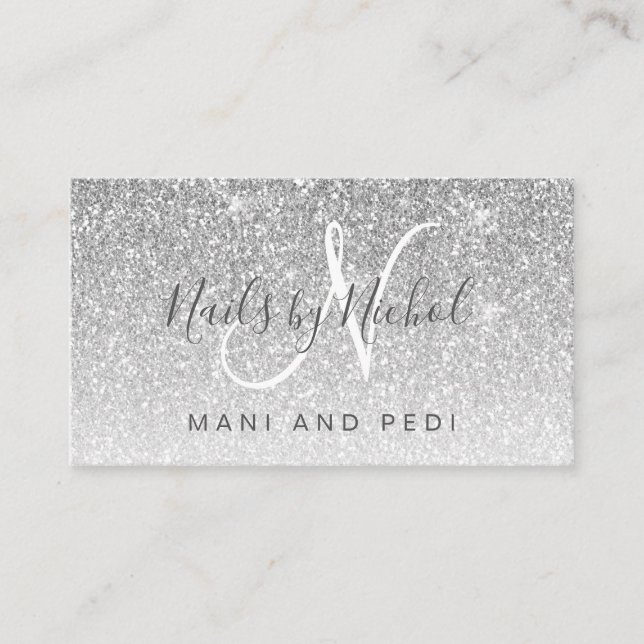 Glam Girly Silver Glitzer Mani Pedi Nail Studio Visitenkarte (Vorderseite)