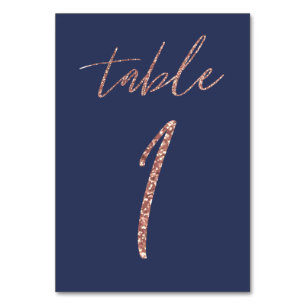 Glam Glitter Roségold und Blau Hochzeit Tischnummer
