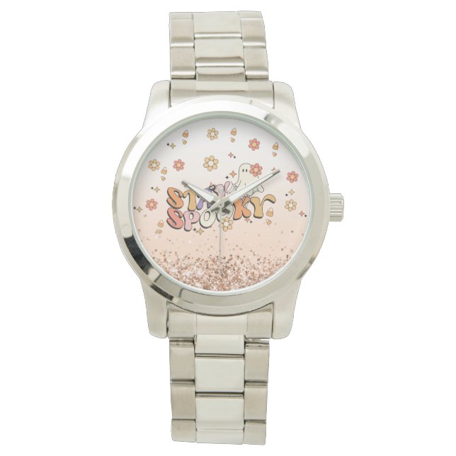 Glam Glitzer Girly Halloween Bleibe Spooky Armbanduhr (Vorderseite)
