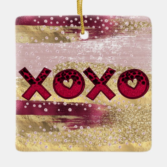 Glam Glitzer Gold Red Luxe XOXO Valentines Foto Keramikornament (Vorderseite)