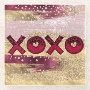 Glam Glitzer Gold Red Luxe XOXO Valentines Glasuntersetzer