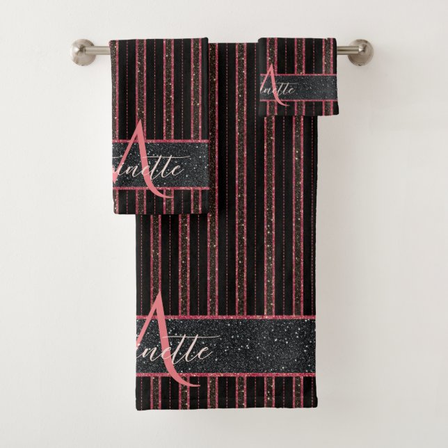 Glam Glitzer Mit Monogramm Name Schwarz/Rosa Badhandtuch Set (Insitu)
