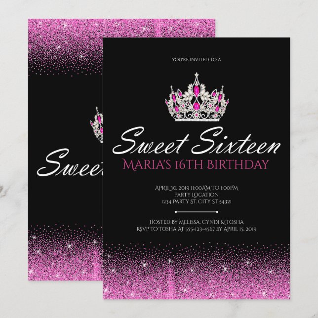 Glam & Glitzer, Rosa 16 . Geburtstag Einladungen (Vorne/Hinten)