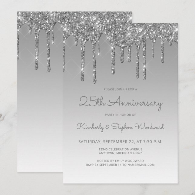 Glam Glitzer Tropfen Silver 25-jähriges Party Einladung (Vorne/Hinten)