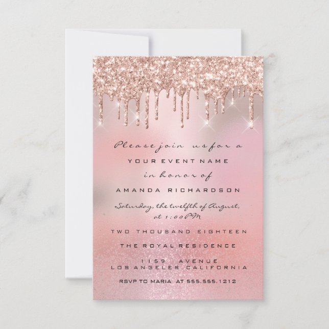 Glam Glitzer Tropfens Rose Gold Bridal Sweet 16. Einladung (Vorderseite)