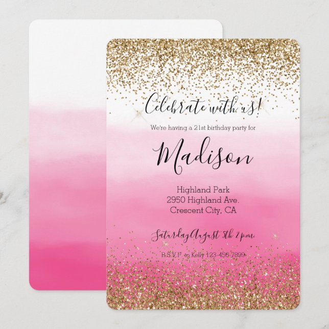 Glam Glitzy Sparkle Glitzer Pink Ombre Einladung (Vorne/Hinten)