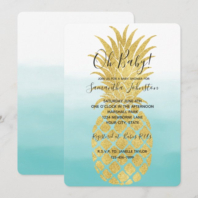 Glam Gold Ananas Aqua Aqua Einladung (Vorne/Hinten)