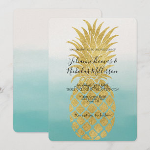 Glam Gold Ananas Aqua Wasserfarbe Ombre Wedding Einladung