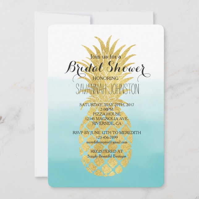 Glam Gold Ananas Aqua Watercolor Brautparty Einladung (Vorderseite)