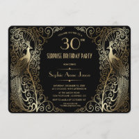 Glam Gold Art Deco Peacocks Einladung zur Geburtst