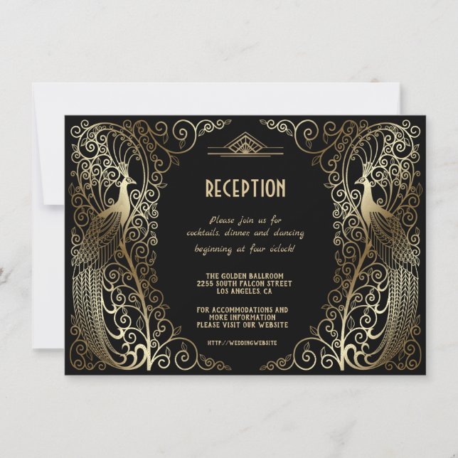 Glam Gold Art Deco Peacocks Senior Empfang Einladung (Vorderseite)