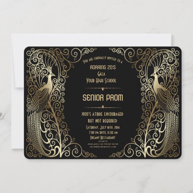 Glam Gold Art Deco Peacocks Senior Prom Einladung (Vorderseite)