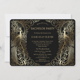Glam Gold Art Deco Pfauen Junggesellenabschied Einladung