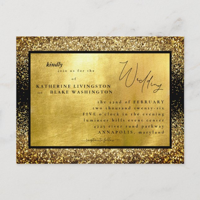 Glam Gold & Black Budget Hochzeit Einladungspostkarte (Vorderseite)